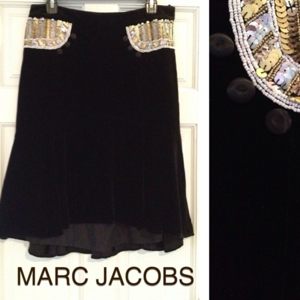 MARC JACOBS Black Velvet Sequined Whimsigoth Witchy Skirt Size 10 GUC